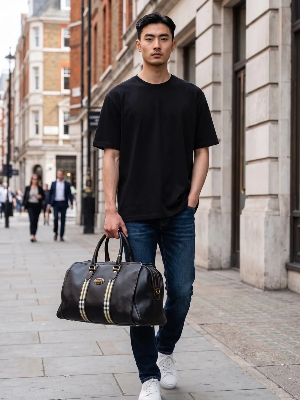 Burberry Black Leather Duffel with Signature Nova Check Straps
